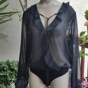 BCBG Sheer Lace Ruffle Dotted Bodysuit